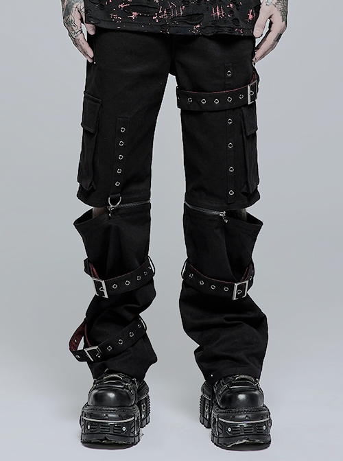 Punk Detachable Micro-Elasticity Loose Personality Metal Zipper Eyelet Trim Black Male Trousers