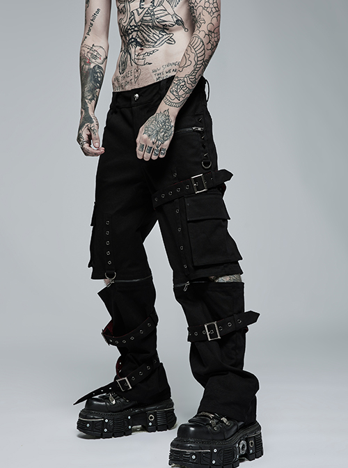 Punk Detachable Micro-Elasticity Loose Personality Metal Zipper Eyelet Trim Black Male Trousers