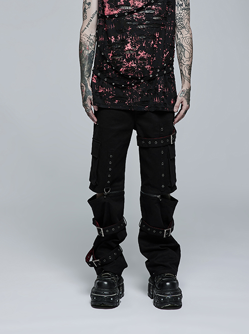Punk Detachable Micro-Elasticity Loose Personality Metal Zipper Eyelet Trim Black Male Trousers