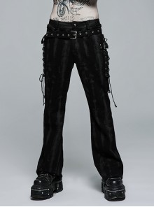 Black Micro-Elasticity Personality Vertical Stripe Print Cross-Tie Rope Design Punk Male Trousers