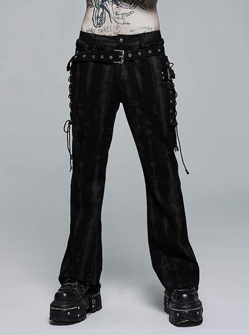 Black Micro-Elasticity Personality Vertical Stripe Print Cross-Tie Rope Design Punk Male Trousers