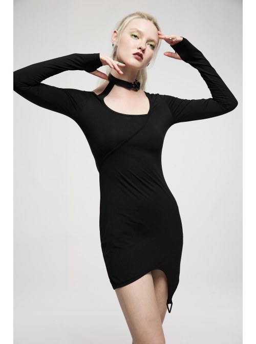 Punk Irregularity Tight Sexy Asymmetric Hem Off The Shoulder Long Sleeve Dress