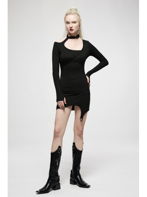 Punk Irregularity Tight Sexy Asymmetric Hem Off The Shoulder Long Sleeve Dress
