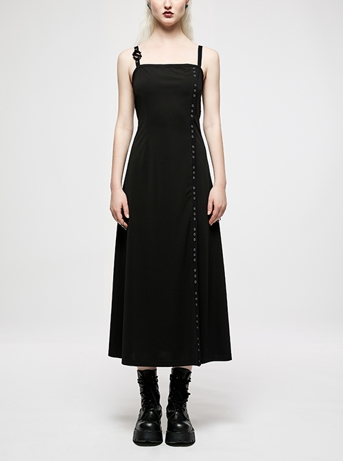 Punk Dark Simple A Version Slit Metal Buttonhole Decoration Knitting Long Slip Dress
