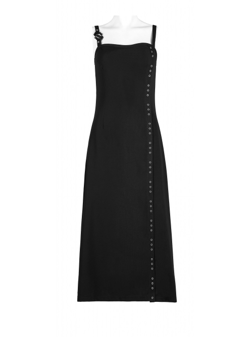 Punk Dark Simple A Version Slit Metal Buttonhole Decoration Knitting Long Slip Dress