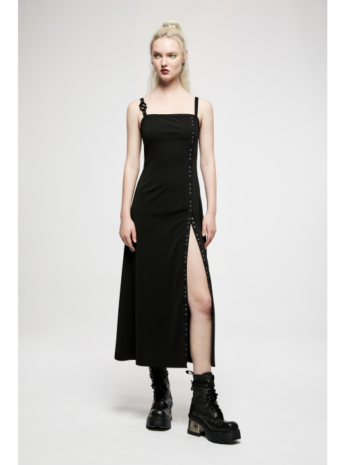 Punk Dark Simple A Version Slit Metal Buttonhole Decoration Knitting Long Slip Dress