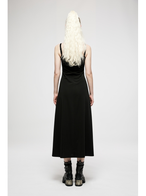 Punk Dark Simple A Version Slit Metal Buttonhole Decoration Knitting Long Slip Dress