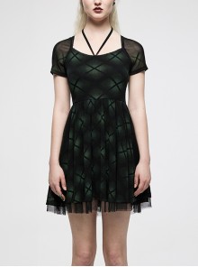 Mesh Stitching Knitting Puffy Hem Elastic Elastic Waistband Design Check Print Punk Short Sleeve Dress