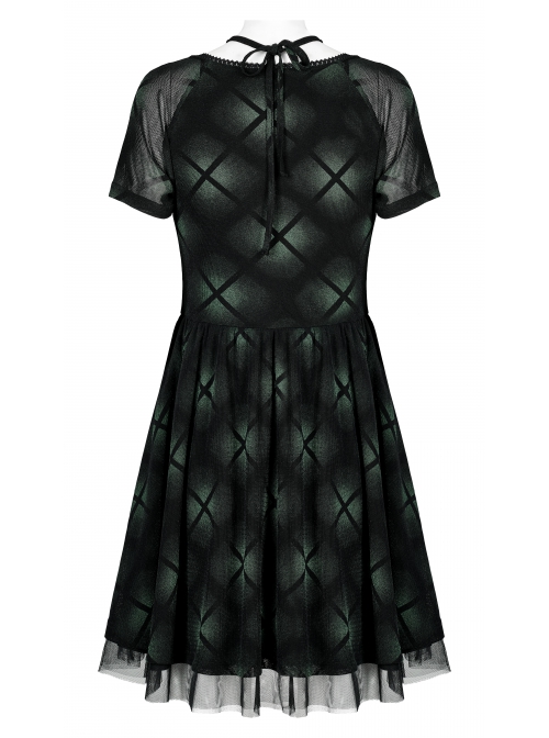 Mesh Stitching Knitting Puffy Hem Elastic Elastic Waistband Design Check Print Punk Short Sleeve Dress