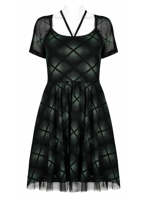 Mesh Stitching Knitting Puffy Hem Elastic Elastic Waistband Design Check Print Punk Short Sleeve Dress