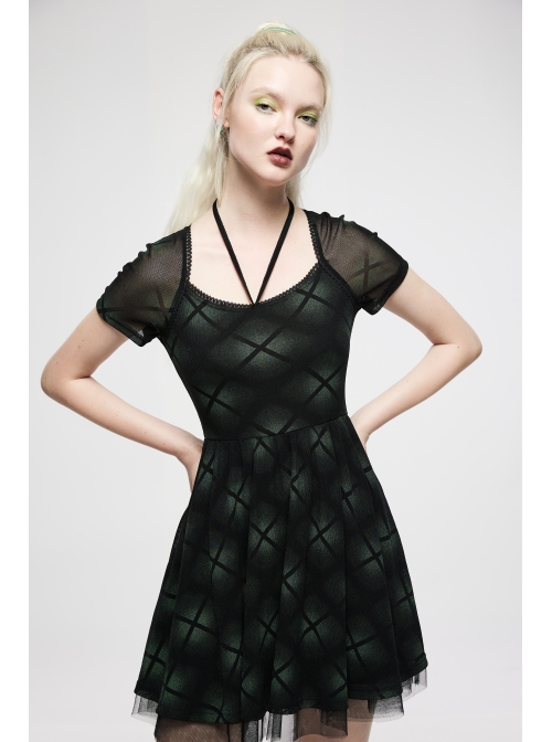 Mesh Stitching Knitting Puffy Hem Elastic Elastic Waistband Design Check Print Punk Short Sleeve Dress