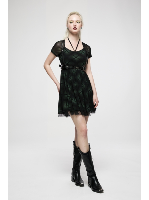 Mesh Stitching Knitting Puffy Hem Elastic Elastic Waistband Design Check Print Punk Short Sleeve Dress