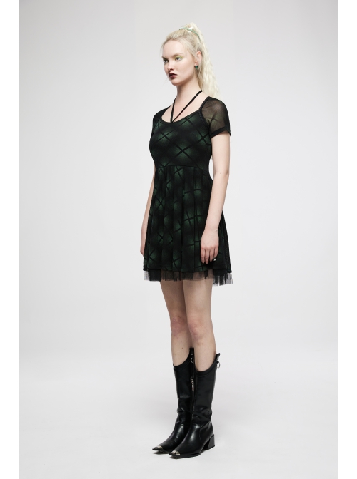 Mesh Stitching Knitting Puffy Hem Elastic Elastic Waistband Design Check Print Punk Short Sleeve Dress