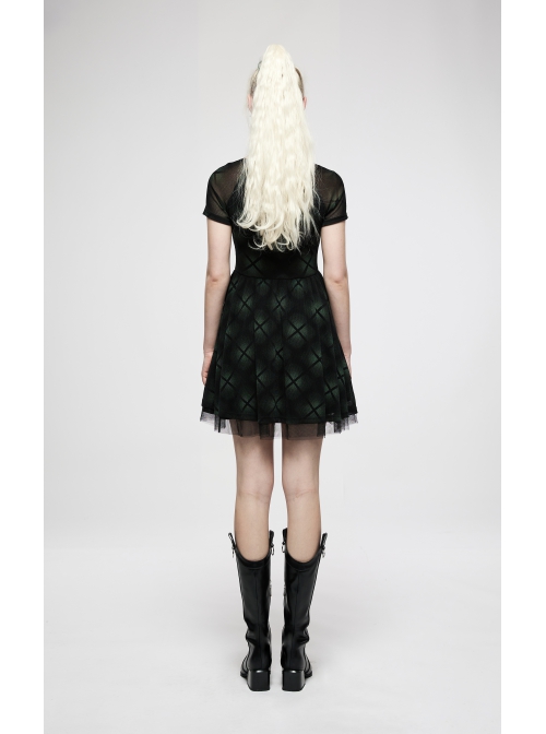 Mesh Stitching Knitting Puffy Hem Elastic Elastic Waistband Design Check Print Punk Short Sleeve Dress