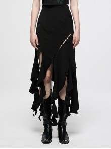 Black Irregular Multi-Piece  Ruffles Tassel Design Elasticity Cross-Rope Engraved Pendant Punk Long Skirt
