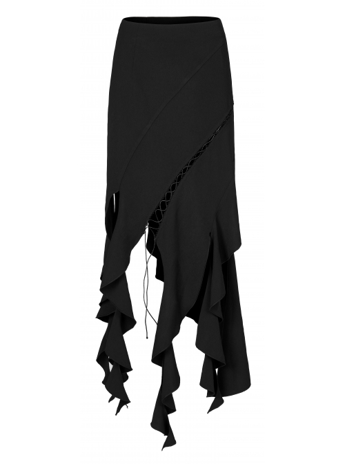 Black Irregular Multi-Piece  Ruffles Tassel Design Elasticity Cross-Rope Engraved Pendant Punk Long Skirt