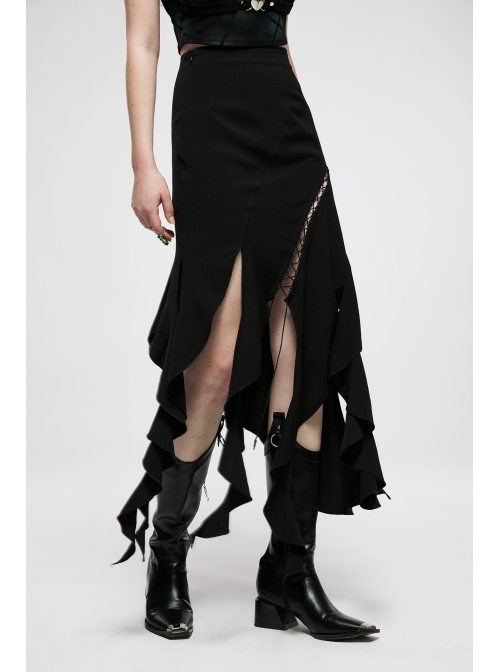 Black Irregular Multi-Piece  Ruffles Tassel Design Elasticity Cross-Rope Engraved Pendant Punk Long Skirt
