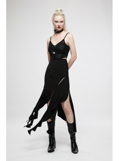 Black Irregular Multi-Piece  Ruffles Tassel Design Elasticity Cross-Rope Engraved Pendant Punk Long Skirt