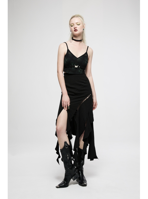 Black Irregular Multi-Piece  Ruffles Tassel Design Elasticity Cross-Rope Engraved Pendant Punk Long Skirt