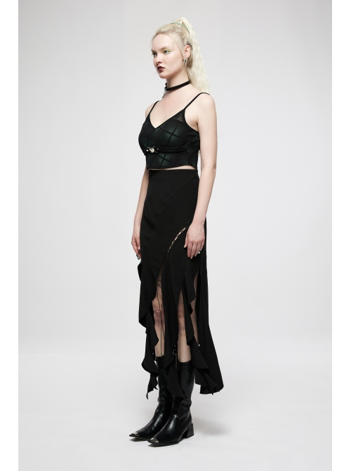Black Irregular Multi-Piece  Ruffles Tassel Design Elasticity Cross-Rope Engraved Pendant Punk Long Skirt