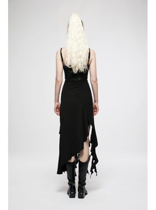 Black Irregular Multi-Piece  Ruffles Tassel Design Elasticity Cross-Rope Engraved Pendant Punk Long Skirt
