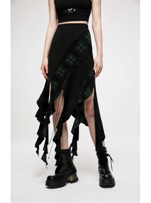 Elasticity Irregular Pleated Ruffle Design Dark Engraved Pendant Punk Long Skirt