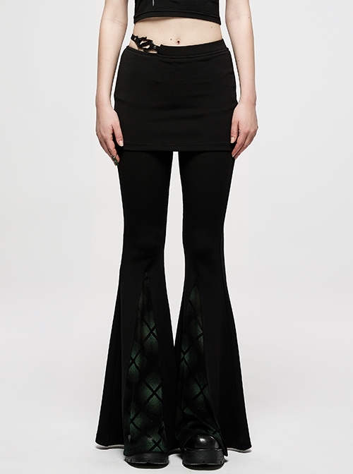 Dark Retro Knitting Check Print Sexy Trumpet Culottes S-Shaped Buckle Design Black Female Pants