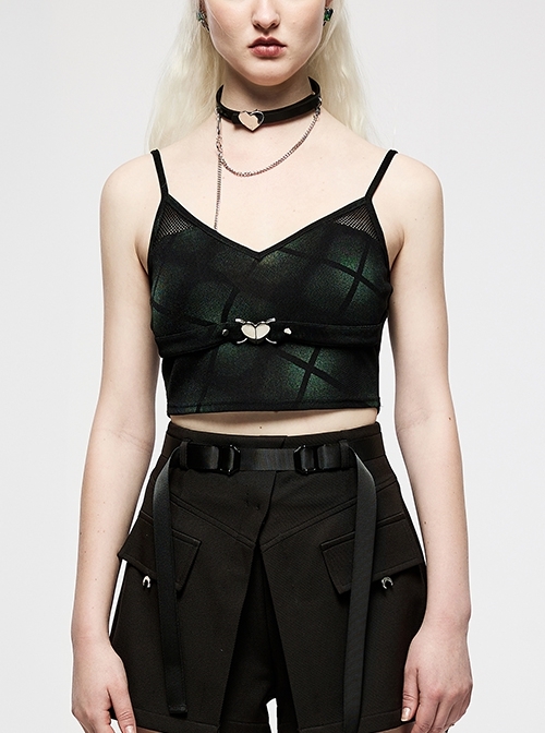 Punk Slim Fit Sexy Knitting Plaid Print Metal Heart Buckle Decoration Adjustable Shoulder Straps Female Crop Top