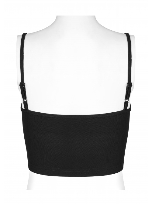 Black Punk Slim Fit Sexy Knitting Metal Heart Buckle Decoration Adjustable Shoulder Straps Female Crop Top
