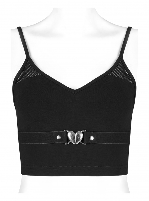 Black Punk Slim Fit Sexy Knitting Metal Heart Buckle Decoration Adjustable Shoulder Straps Female Crop Top