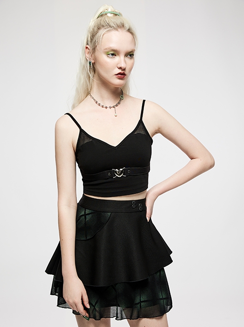 Black Punk Slim Fit Sexy Knitting Metal Heart Buckle Decoration Adjustable Shoulder Straps Female Crop Top