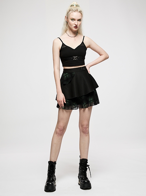 Black Punk Slim Fit Sexy Knitting Metal Heart Buckle Decoration Adjustable Shoulder Straps Female Crop Top
