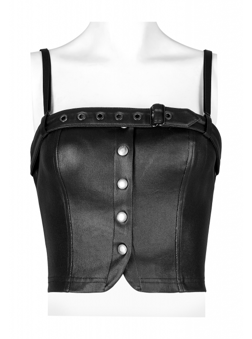 Punk Leather Laminated Fabric Sexy Metal Buckle Decoration Collar Leather Buckle Black Crop Top