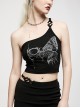 Dark Stretch Knit Personality Asymmetrical Skull Bones Butterfly Print One-Shoulder Black Crop Top