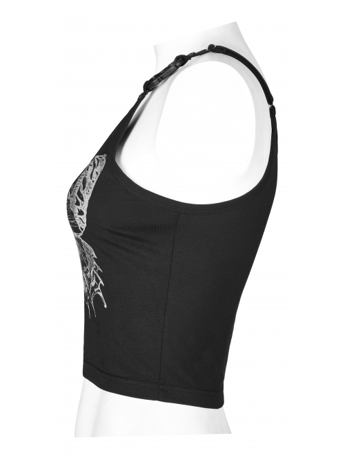 Dark Stretch Knit Personality Asymmetrical Skull Bones Butterfly Print One-Shoulder Black Crop Top