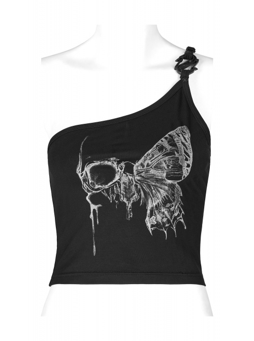Dark Stretch Knit Personality Asymmetrical Skull Bones Butterfly Print One-Shoulder Black Crop Top