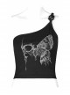 Dark Stretch Knit Personality Asymmetrical Skull Bones Butterfly Print One-Shoulder Black Crop Top