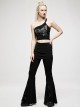 Dark Stretch Knit Personality Asymmetrical Skull Bones Butterfly Print One-Shoulder Black Crop Top