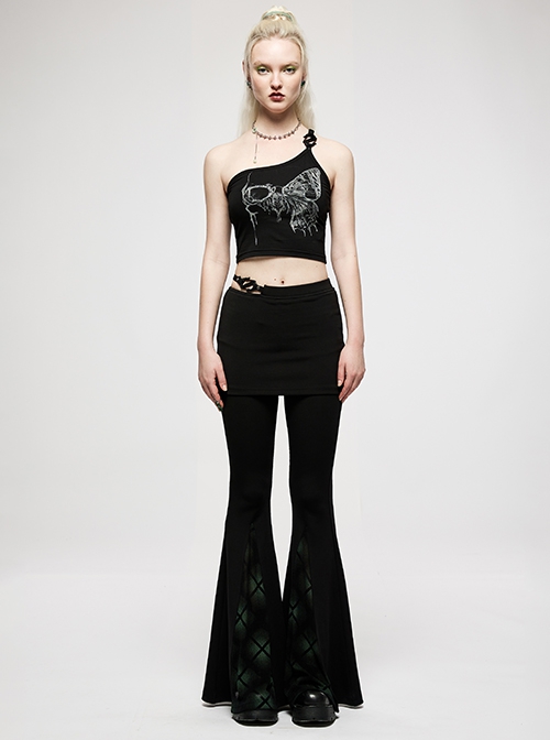 Dark Stretch Knit Personality Asymmetrical Skull Bones Butterfly Print One-Shoulder Black Crop Top