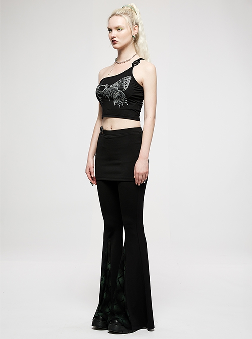 Dark Stretch Knit Personality Asymmetrical Skull Bones Butterfly Print One-Shoulder Black Crop Top