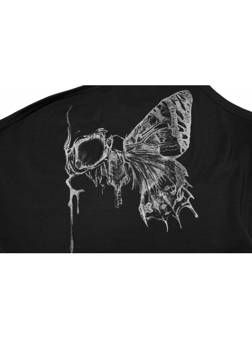 Dark Stretch Knit Personality Asymmetrical Skull Bones Butterfly Print One-Shoulder Black Crop Top