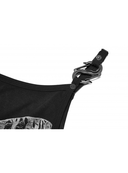 Dark Stretch Knit Personality Asymmetrical Skull Bones Butterfly Print One-Shoulder Black Crop Top