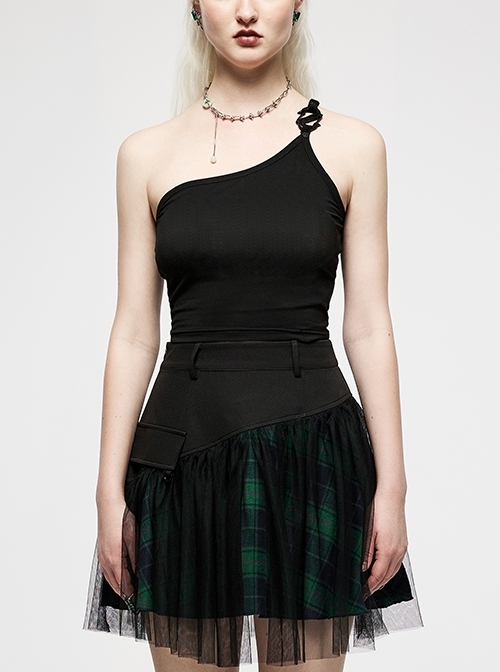 Punk Dark Stretch Knit Personality Asymmetric Sloping Shoulders  S-Shaped Rubber Buckle Decoration Black Crop Top