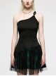 Punk Dark Stretch Knit Personality Asymmetric Sloping Shoulders  S-Shaped Rubber Buckle Decoration Black Crop Top