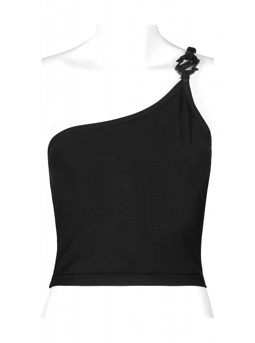 Punk Dark Stretch Knit Personality Asymmetric Sloping Shoulders  S-Shaped Rubber Buckle Decoration Black Crop Top