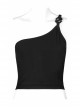 Punk Dark Stretch Knit Personality Asymmetric Sloping Shoulders  S-Shaped Rubber Buckle Decoration Black Crop Top