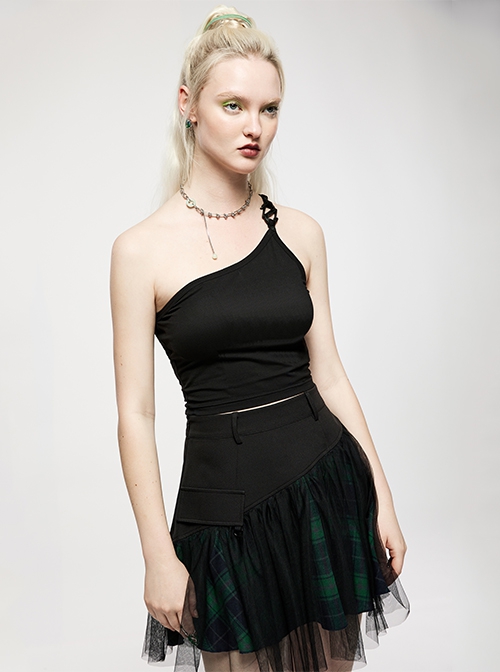 Punk Dark Stretch Knit Personality Asymmetric Sloping Shoulders  S-Shaped Rubber Buckle Decoration Black Crop Top