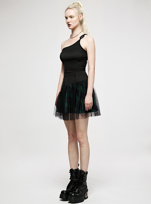 Punk Dark Stretch Knit Personality Asymmetric Sloping Shoulders  S-Shaped Rubber Buckle Decoration Black Crop Top