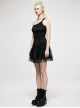 Punk Dark Stretch Knit Personality Asymmetric Sloping Shoulders  S-Shaped Rubber Buckle Decoration Black Crop Top
