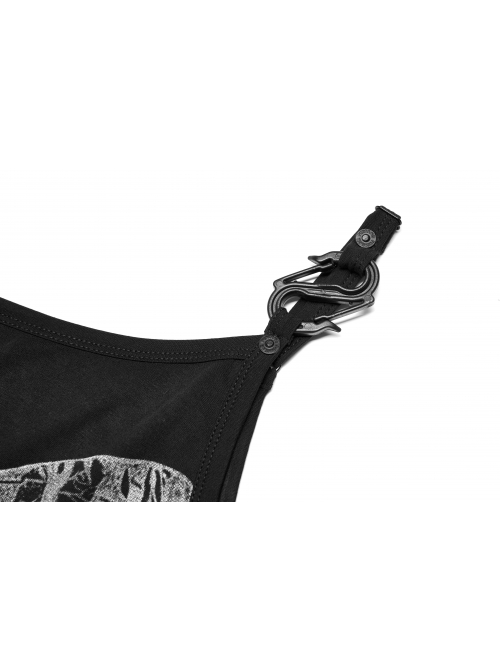 Punk Dark Stretch Knit Personality Asymmetric Sloping Shoulders  S-Shaped Rubber Buckle Decoration Black Crop Top